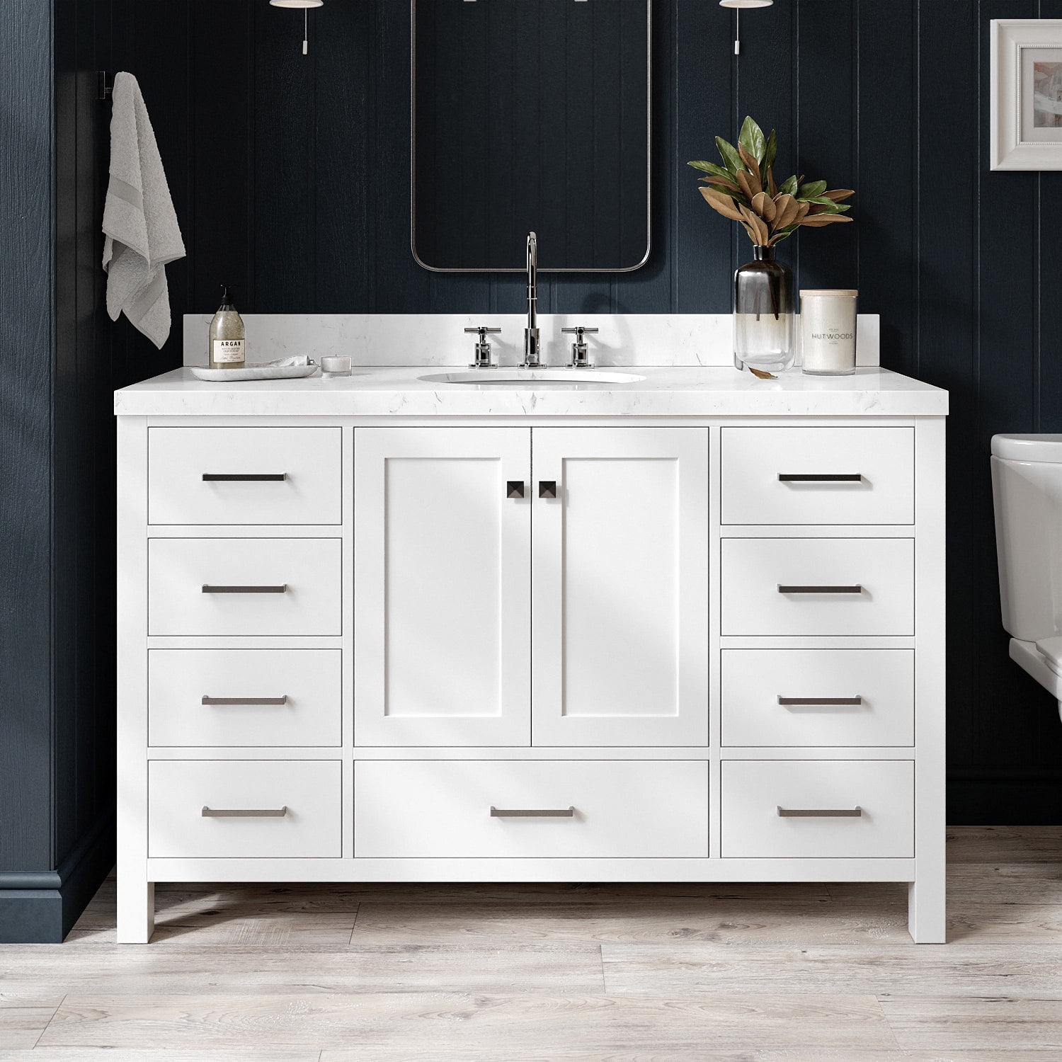 Ariel Cambridge 54 Inch Single Oval Sink Bathroom Vanity With Carrara White Quartz Countertop 1.5 Edge In White