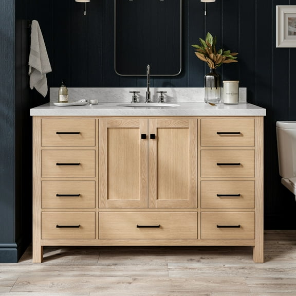 Ariel Cambridge 55 Inch Single Oval Sink Bathroom Vanity With Pure White Quartz Countertop 1.5 Inch Edge In Oak