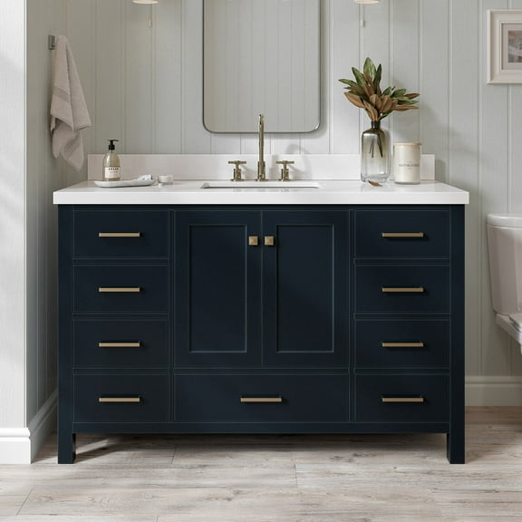ARIEL Cambridge 55" Midnight Blue Bathroom Vanity with Sink, 1.5" Edge Pure White Quartz Countertop & Backsplash, Center Rectangular Sink, 2 Soft Closing Doors, 9 Full Extension Dovetail Drawers
