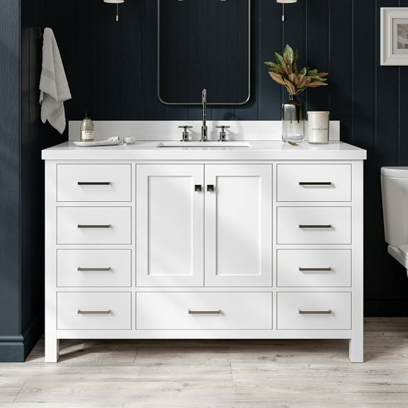 ARIEL Cambridge 55" White Bathroom Vanity with Sink, 1.5" Edge Pure White Quartz Countertop & Backsplash, Center Rectangular Sink, 2 Soft Closing Doors, 9 Full Extension Dovetail Drawers