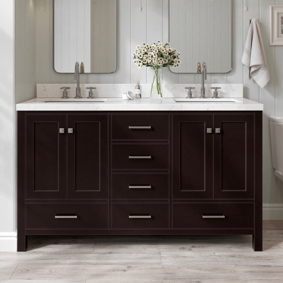 ARIEL Cambridge 60 Inch Espresso Bathroom Vanity Double Sink, Solid Wood, Carrara White Quartz Countertop, 1.5-Inch Edge, Rectangular Undermount Sinks, 4 Soft Closing Doors, 6 Drawers