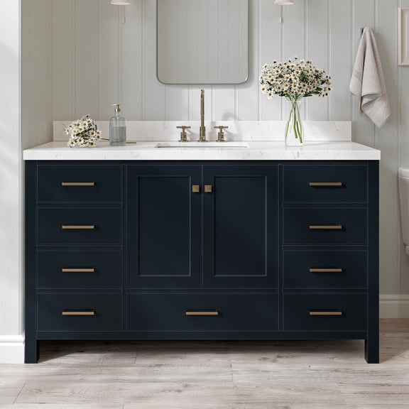 ARIEL Cambridge 61 Inch Midnight Blue Bathroom Vanity with Single Sink, Solid Wood, White Quartz Countertop, 1.5-Inch Edge, Rectangular Undermount Sink, 2 Soft Closing Doors, 9 Drawers