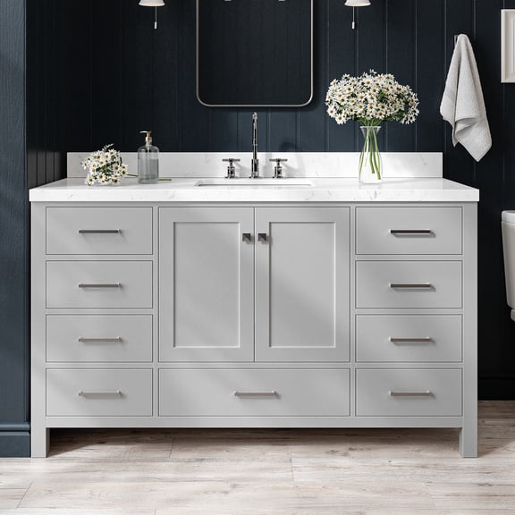 ARIEL Cambridge 61 Inch Grey Bathroom Vanity with Single Sink, Solid Wood, White Quartz Countertop, 1.5-Inch Edge, Rectangular Undermount Sink, 2 Soft Closing Doors, 9 Drawers