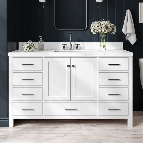 ARIEL Cambridge 61 Inch White Bathroom Vanity with Single Sink, Solid Wood, White Quartz Countertop, 1.5-Inch Edge, Rectangular Undermount Sink, 2 Soft Closing Doors, 9 Drawers