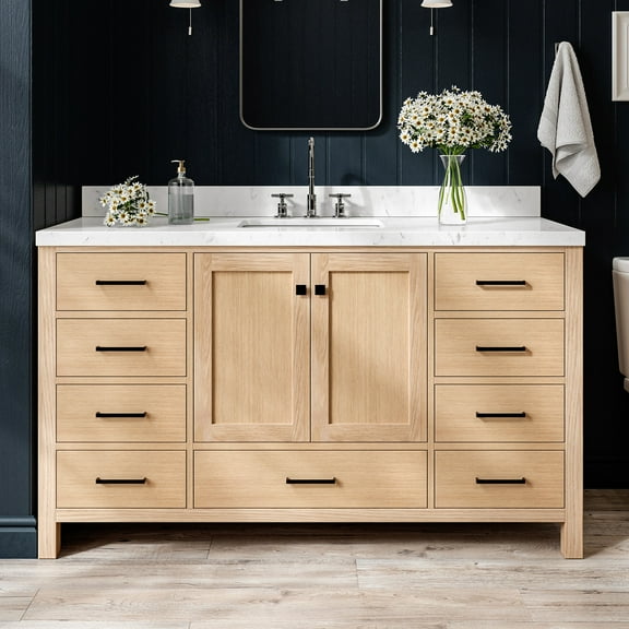 ARIEL 60'' Bathroom Vanity with Sink, American White Oak Solid Wood, 1.5 inch Edge Carrara White Quartz Countertop & Backsplash, 2 Soft Closing Doors, 9 Full Extension Dovetail Drawers, Matte Black