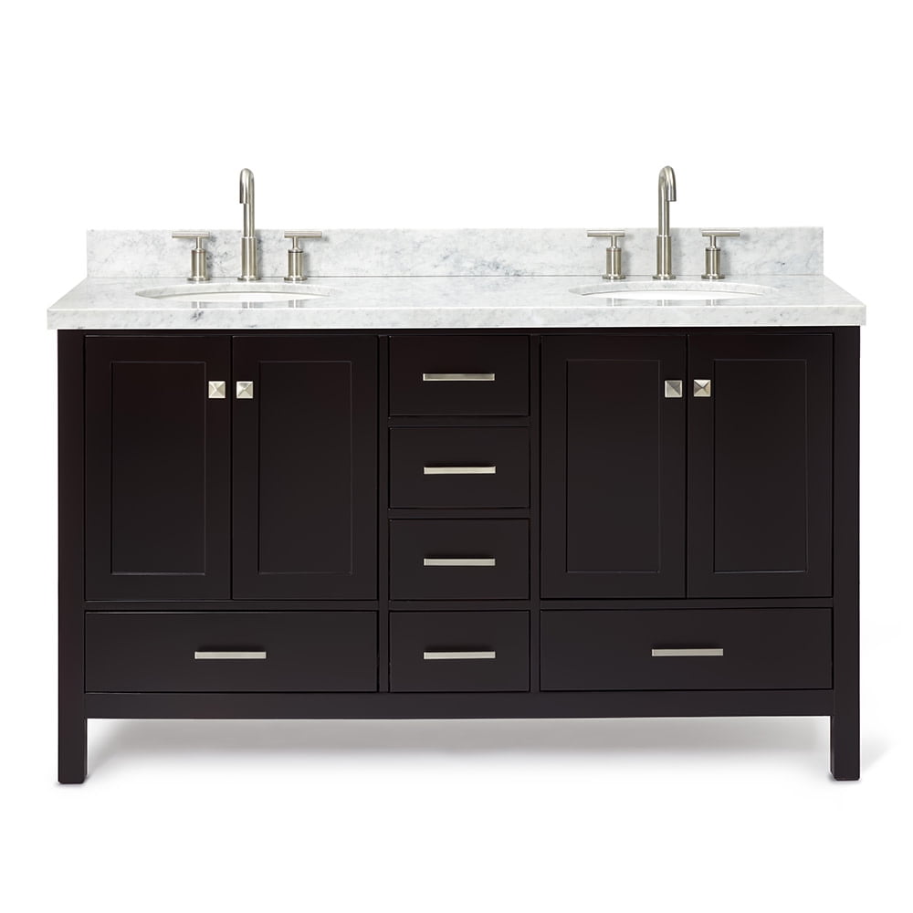 Espresso Double Basin Vanity with Marble Top and Nickel Hardware