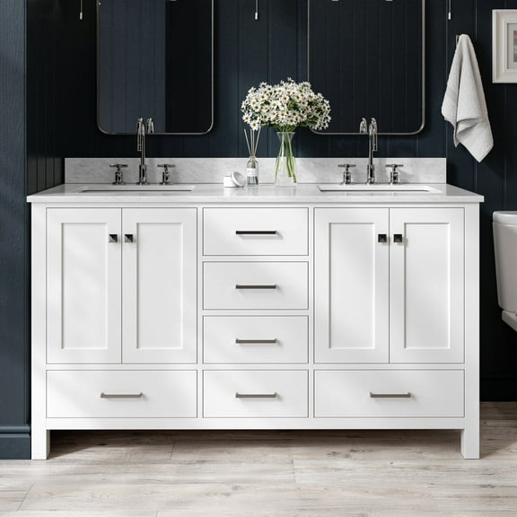Ariel Cambridge 61 In. Double Rectangle Sink Vanity With Carrara White Marble 0.75 In Countertop In White