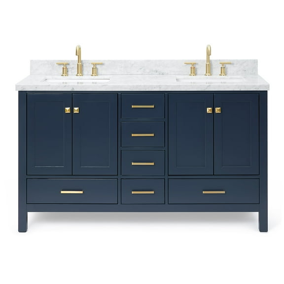 ARIEL Cambridge 61 in. W x 22 in. D Vanity in Midnight Blue with Marble Vanity Top in Carrara White with White Basin