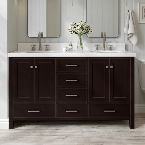 Ariel Cambridge 61 In. Double Oval Sink Vanity With White Quartz Countertop In Espresso