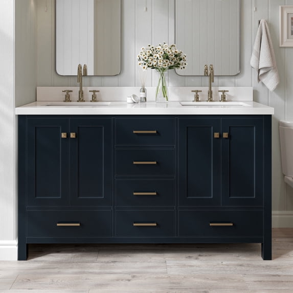 ARIEL Cambridge 61 Inch Midnight Blue Bathroom Vanity Double Sink, Solid Wood, White Quartz Countertop, 1.5-Inch Edge, Rectangular Undermount Sinks, 4 Soft Closing Doors, 6 Drawers