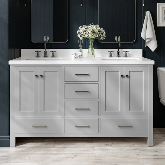 ARIEL Cambridge 61 Inch Grey Bathroom Vanity Double Sink, Solid Wood, White Quartz Countertop, 1.5-Inch Edge, Rectangular Undermount Sinks, 4 Soft Closing Doors, 6 Drawers