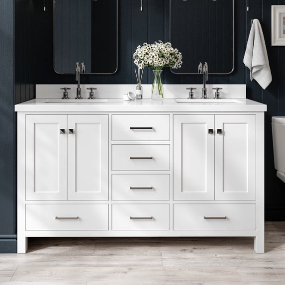 ARIEL 61" White Double Bathroom Vanity with Sink, 1.5" Edge Pure White Quartz Countertop & Backsplash, Rectangular Sinks, 4 Soft Closing Doors, 6 Full Extension Dovetail Drawers, Brushed Nickel