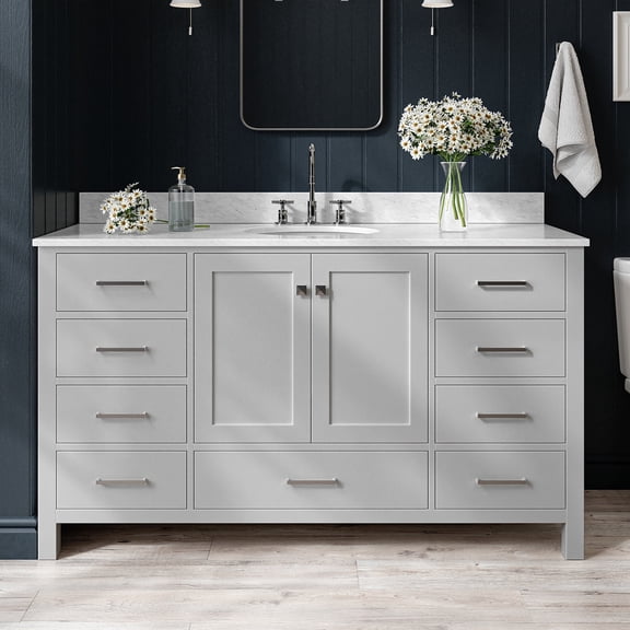 Ariel Cambridge 61 In. Single Oval Sink Vanity With Carrara White Marble 0.75 In Countertop In Grey