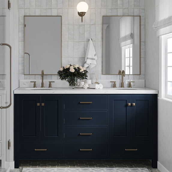 ARIEL Cambridge 66 Inch Double Oval Sink Bathroom Vanity With Carrara White Quartz Countertop 1.5 Edge In Midnight Blue