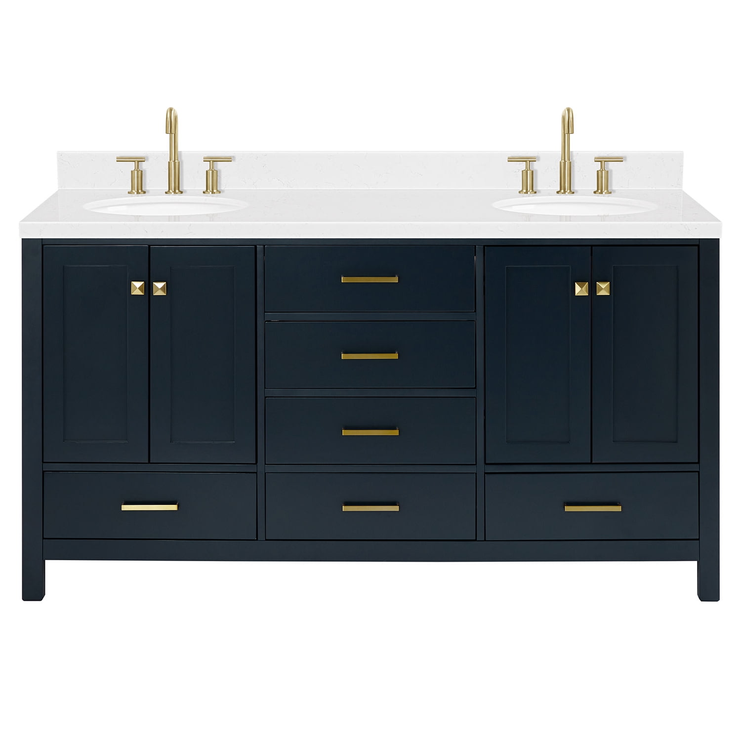 Midnight Blue Wood Freestanding Double Vanity with White Quartz Top