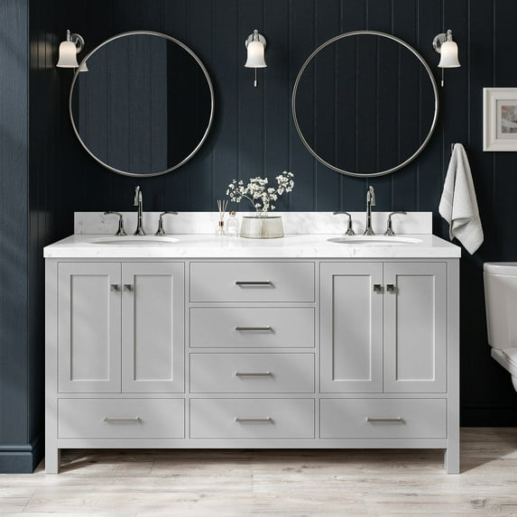 ARIEL Cambridge 66 Inch Double Oval Sink Bathroom Vanity With Carrara White Quartz Countertop 1.5 Edge In Grey