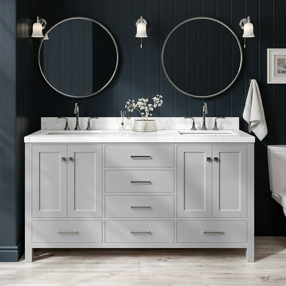 ARIEL Cambridge 66 Inch Double Rectangle Sink Bathroom Vanity With Carrara White Quartz Countertop 1.5 Edge In Grey