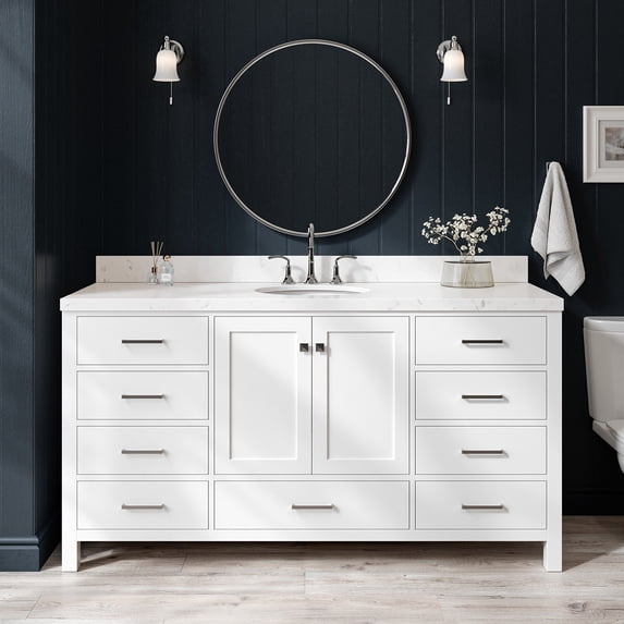 Ariel Cambridge 66 Inch Single Oval Sink Bathroom Vanity With Carrara White Quartz Countertop 1.5 Edge In White