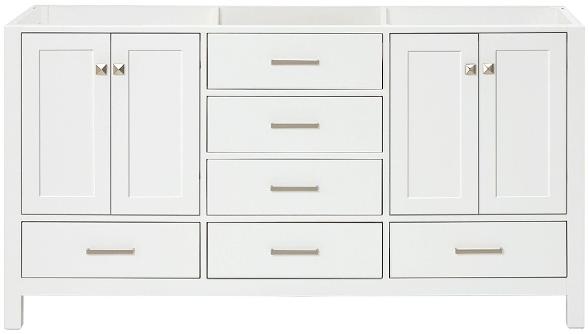 Cambridge 66" White Double Freestanding Vanity Cabinet with Brushed Nickel Hardware
