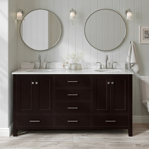Ariel Cambridge 67 Inch Double Rectangle Sink Vanity With Carrara White Marble Countertop With 0.75 Edge In Espresso