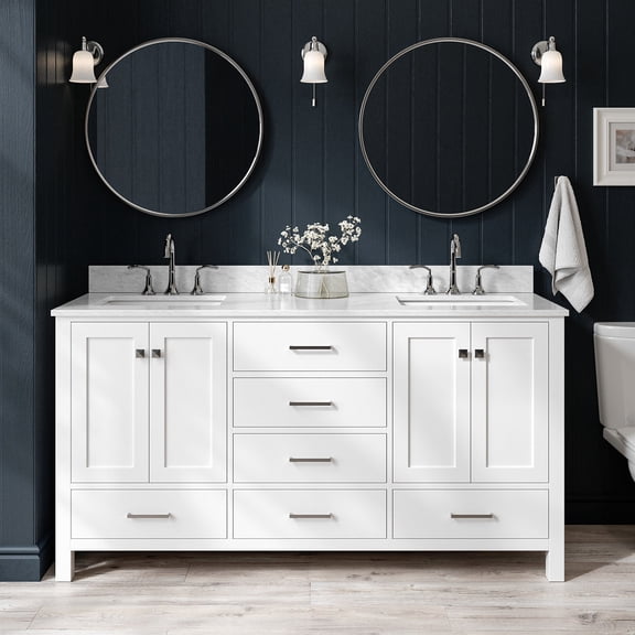 Ariel Cambridge 67 Inch Double Rectangle Sink Vanity With Carrara White Marble Countertop With 0.75 Edge In White