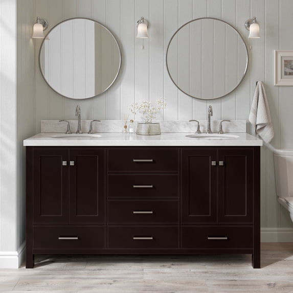 Ariel Cambridge 67 Inch Double Oval Sink Vanity With Carrara White Marble Countertop With 1.5 Edge In Espresso
