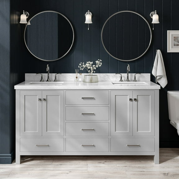 Ariel Cambridge 67 Inch Double Rectangle Sink Vanity With Carrara White Marble Countertop With 1.5 Edge In Grey