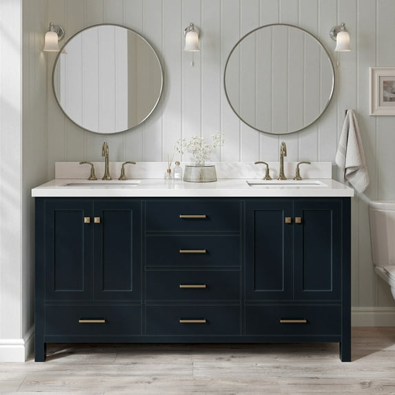 ARIEL 67" Midnight Blue Double Bathroom Vanity, 1.5" Edge Pure White Quartz Countertop & Splash, Rectangular Sinks, 4 Soft Closing Doors, 6 Full Extension Dovetail Drawers, Satin Brass