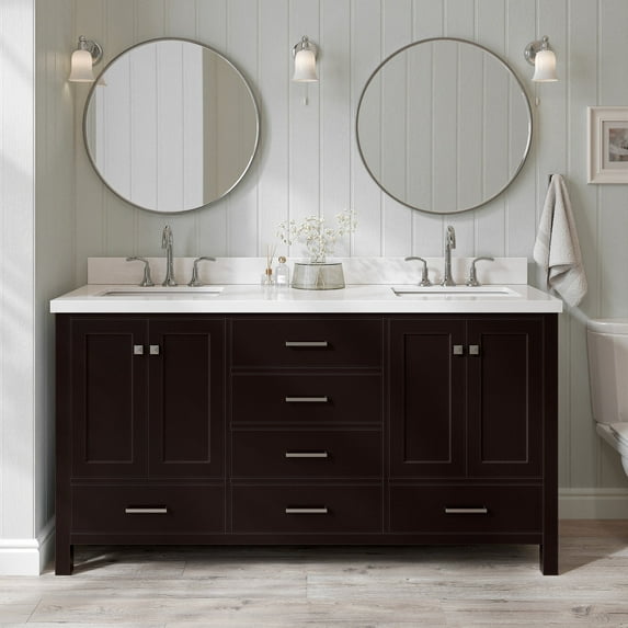 ARIEL 67" Espresso Double Bathroom Vanity with 1.5" Edge Pure White Quartz Countertop & Backsplash, 2 Rectangular Sinks, 4 Soft Closing Doors, 6 Full Extension Dovetail Drawers, Brushed Nickel