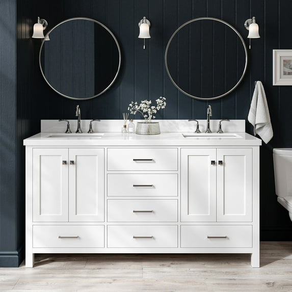 ARIEL 67" White Double Bathroom Vanity with 1.5" Edge Pure White Quartz Countertop & Backsplash, 2 Rectangular Sinks, 4 Soft Closing Doors, 6 Full Extension Dovetail Drawers, Brushed Nickel