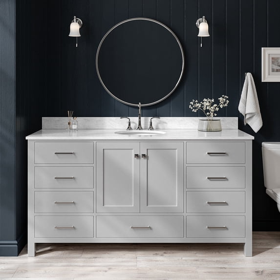 Ariel Cambridge 67 Inch Single Oval Sink Vanity With Carrara White Marble Countertop With 0.75 Edge In Grey