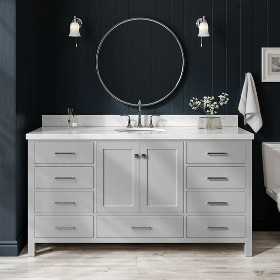 Ariel Cambridge 67 Inch Single Oval Sink Vanity With Carrara White Marble Countertop With 1.5 Edge In Grey