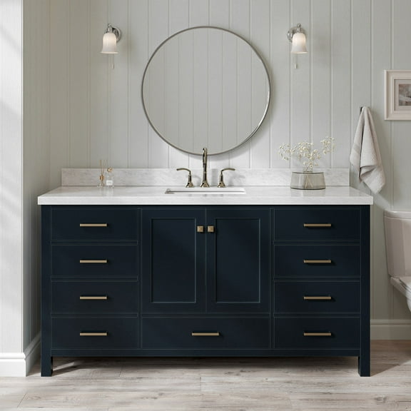 Ariel Cambridge 67 Inch Single Rectangle Sink Vanity With Carrara White Marble Countertop With 1.5 Edge In Midnight Blue