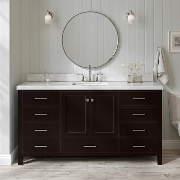 Ariel Cambridge 67 Inch Single Rectangle Sink Vanity With Carrara White Marble Countertop With 1.5 Edge In Espresso