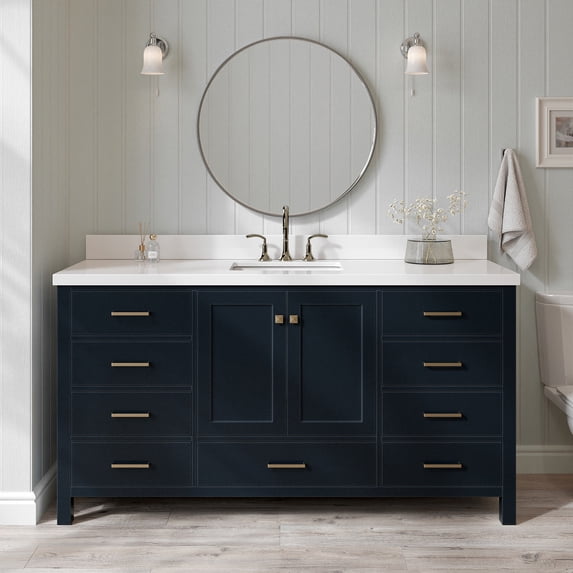 ARIEL 67" Midnight Blue Single Bathroom Vanity, 1.5" Edge Pure White Quartz Countertop & Splash, 1 Rectangular Sink, 2 Soft Closing Doors, 9 Full Extension Dovetail Drawers, Satin Brass