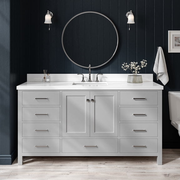 ARIEL 67" Grey Single Bathroom Vanity with 1.5" Edge Pure White Quartz Countertop & Backsplash, 1 Rectangular Sink, 2 Soft Closing Doors, 9 Full Extension Dovetail Drawers, Brushed Nickel