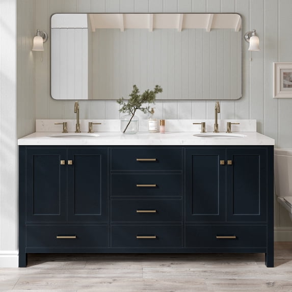 Ariel Cambridge 72 Inch Double Oval Sink Bathroom Vanity With Carrara White Quartz Countertop 1.5 Edge In Midnight Blue