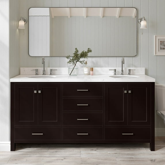 Ariel Cambridge 72 Inch Double Oval Sink Bathroom Vanity With Carrara White Quartz Countertop 1.5 Edge In Espresso