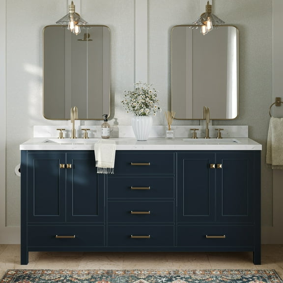 ARIEL Cambridge 72 Inch Double Rectangle Sink Bathroom Vanity With Carrara White Quartz Countertop 1.5 Edge In Midnight Blue