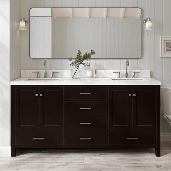 ARIEL Cambridge 72 Inch Double Rectangle Sink Bathroom Vanity With Carrara White Quartz Countertop 1.5 Edge In Espresso
