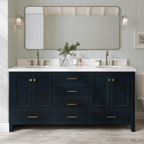 Ariel Cambridge 73 In. Double Oval Sink Vanity With White Quartz Countertop In Midnight Blue