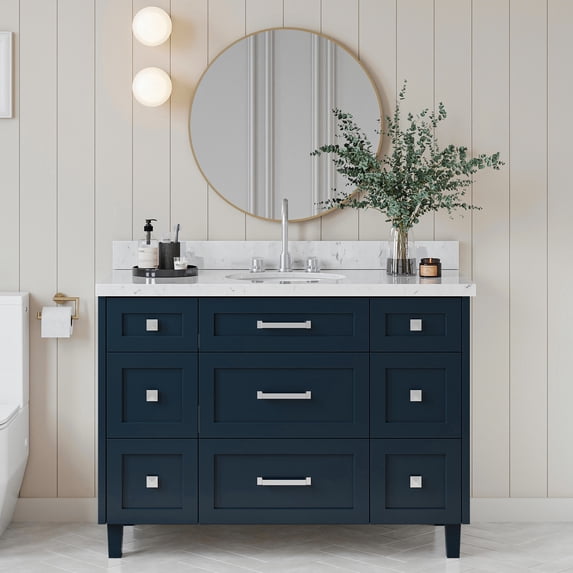 ARIEL Monroe 48 Inch Single Oval Sink Bathroom Vanity With Carrara White Quartz Countertop 1.5 Inch Edge In Midnight Blue