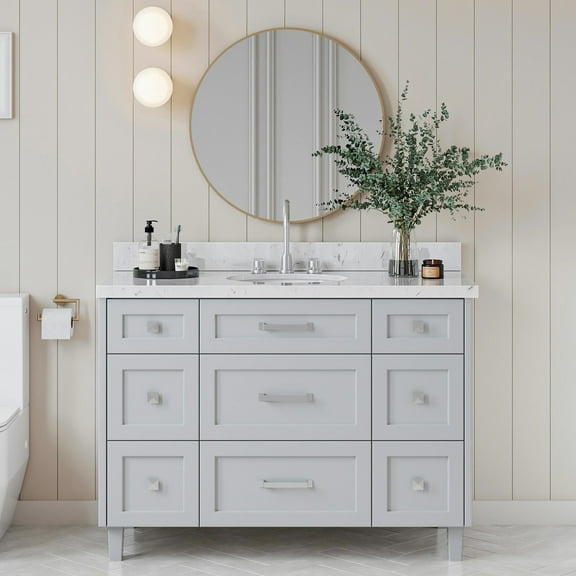 ARIEL Monroe 48 Inch Single Oval Sink Bathroom Vanity With Carrara White Quartz Countertop 1.5 Inch Edge In Grey