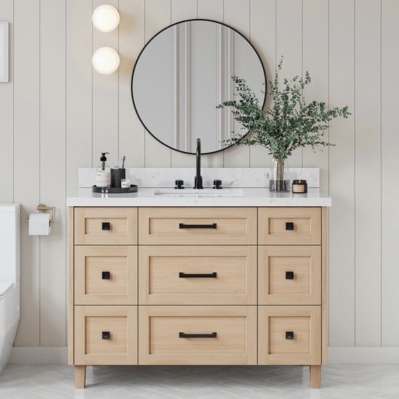 ARIEL Monroe 48 Inch Single Rectangle Sink Bathroom Vanity With Carrara White Quartz Countertop 1.5 Inch Edge In Oak