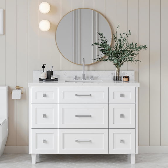 ARIEL Monroe 48 Inch Single Rectangle Sink Bathroom Vanity With Carrara White Quartz Countertop 1.5 Inch Edge In White