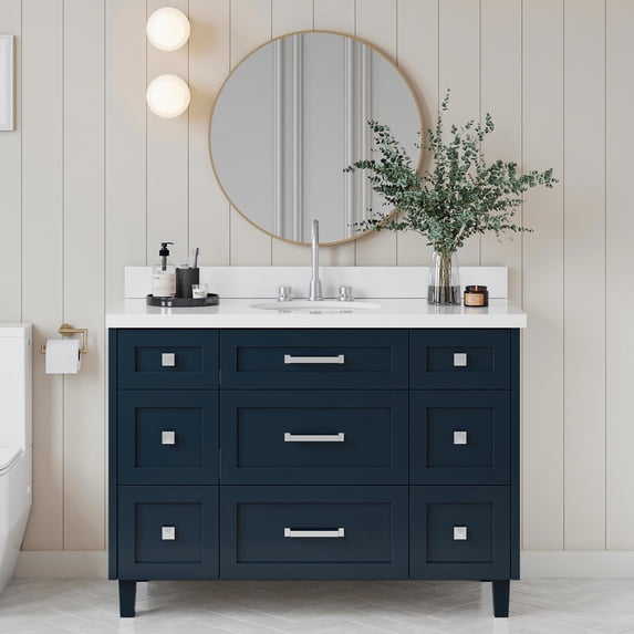 ARIEL Monroe 49 Inch Single Oval Sink Bathroom Vanity With Pure White Quartz Countertop 1.5 Inch Edge In Midnight Blue