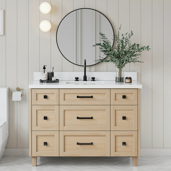 ARIEL Monroe 49 Inch Single Rectangle Sink Bathroom Vanity With Pure White Quartz Countertop 1.5 Inch Edge In Oak