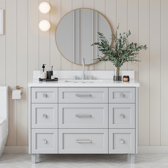 ARIEL Monroe 49 Inch Single Rectangle Sink Bathroom Vanity With Pure White Quartz Countertop 1.5 Inch Edge In Grey