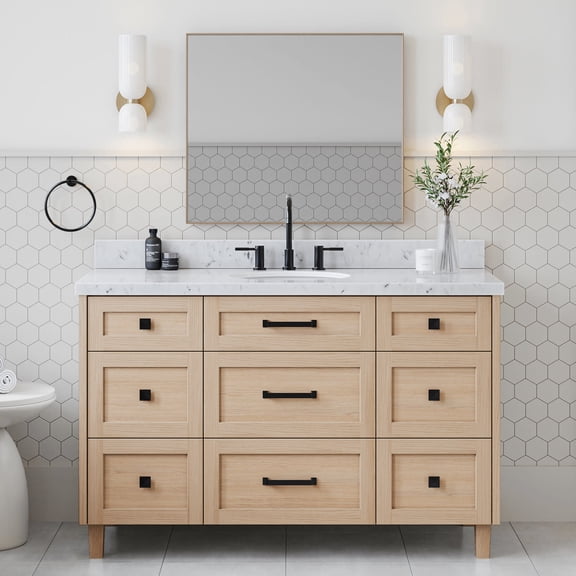 ARIEL Monroe 54 Inch Single Oval Sink Bathroom Vanity With Carrara White Quartz Countertop 1.5 Inch Edge In Oak