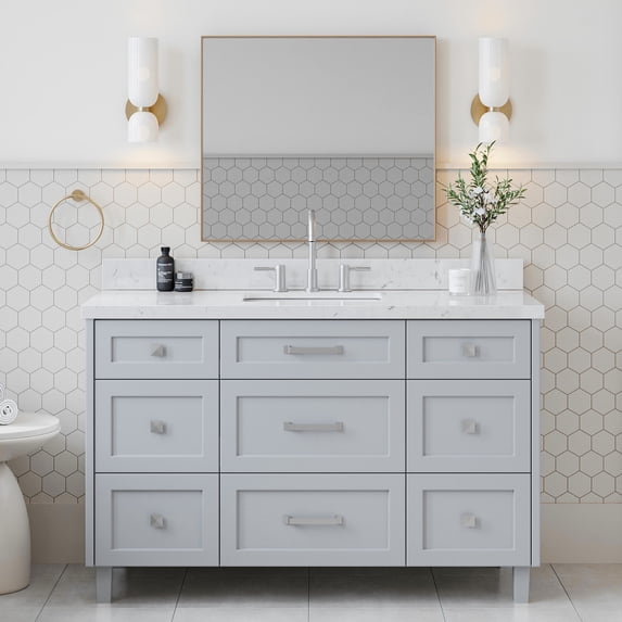 ARIEL Monroe 54 Inch Single Rectangle Sink Bathroom Vanity With Carrara White Quartz Countertop 1.5 Inch Edge In Grey